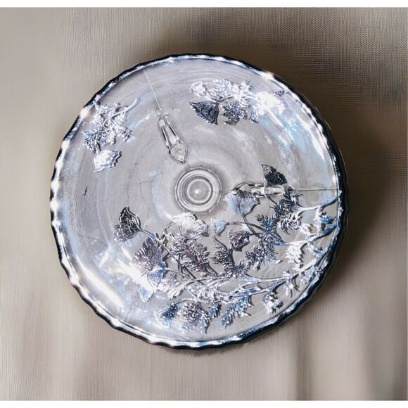 Vintage Silver City Glass Footed Dish With Floral Silver Overlay - Picture 1 of 4